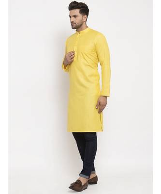 Men Yellow Cotton Solid Straight Kurta 3