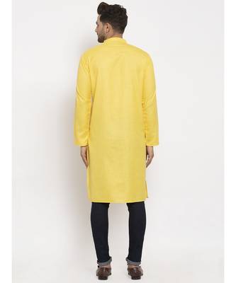 Men Yellow Cotton Solid Straight Kurta 4
