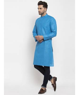 Men Blue Self Check Woven Design Straight Kurta 1