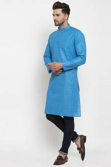 Men Blue Self Check Woven Design Straight Kurta