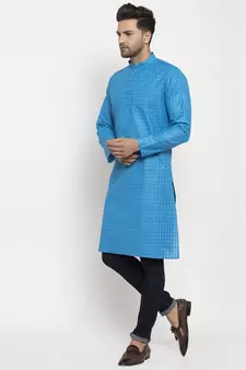 Men Blue Self Check Woven Design Straight Kurta