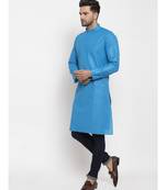 Men Blue Self Check Woven Design Straight Kurta