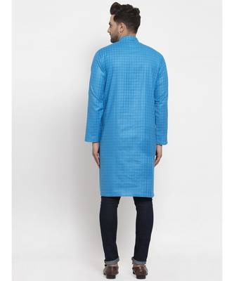 Men Blue Self Check Woven Design Straight Kurta 2