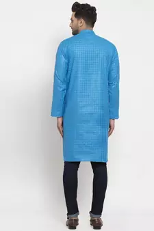 Men Blue Self Check Woven Design Straight Kurta