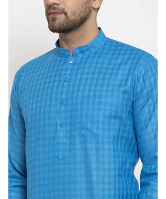 Men Blue Self Check Woven Design Straight Kurta 3