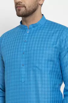 Men Blue Self Check Woven Design Straight Kurta