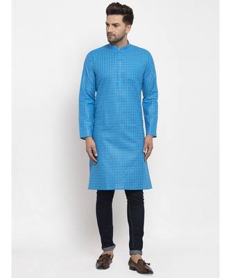 Men Blue Self Check Woven Design Straight Kurta 4