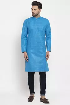 Men Blue Self Check Woven Design Straight Kurta