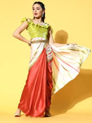 Red Printed Satin Saree With Blouse 1