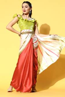 Red Printed Satin Saree With Blouse