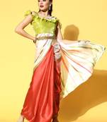 Red Printed Satin Saree With Blouse