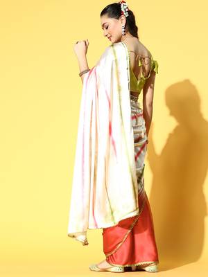 Red Printed Satin Saree With Blouse 2