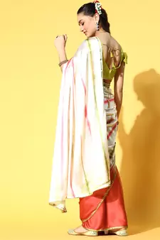 Red Printed Satin Saree With Blouse