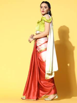 Red Printed Satin Saree With Blouse 3