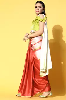 Red Printed Satin Saree With Blouse