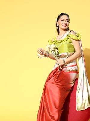 Red Printed Satin Saree With Blouse 4