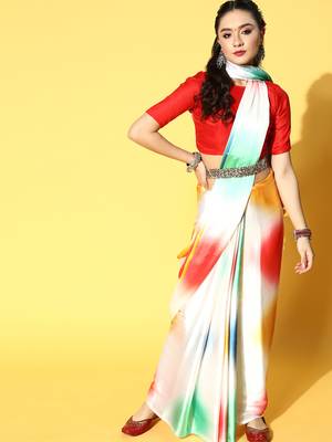 Multicolor Printed Satin Saree With Blouse 1