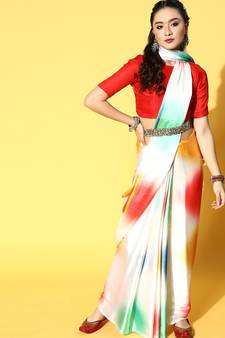 Multicolor Printed Satin Saree With Blouse