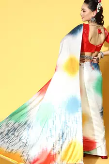 Multicolor Printed Satin Saree With Blouse