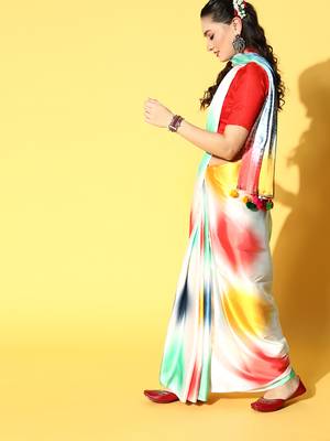 Multicolor Printed Satin Saree With Blouse 3