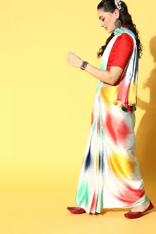 Multicolor Printed Satin Saree With Blouse