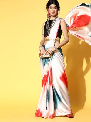 White Printed Satin Saree With Blouse 1