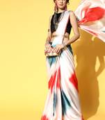 White Printed Satin Saree With Blouse