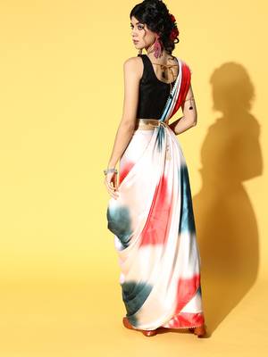 White Printed Satin Saree With Blouse 2