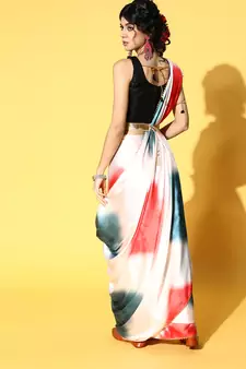 White Printed Satin Saree With Blouse