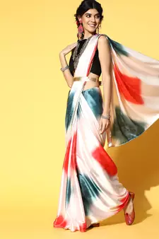 White Printed Satin Saree With Blouse