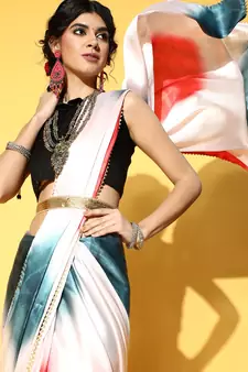 White Printed Satin Saree With Blouse