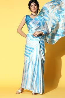 Sky Blue Printed Satin Saree With Blouse