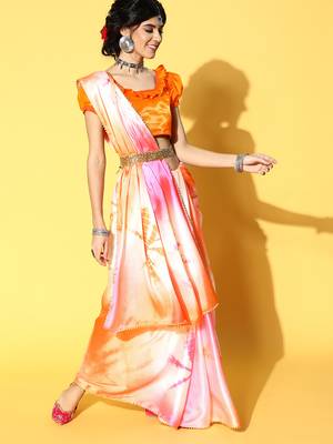 Light Orange Printed Satin Saree With Blouse 1