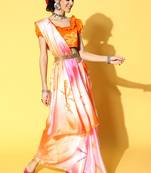 Light Orange Printed Satin Saree With Blouse
