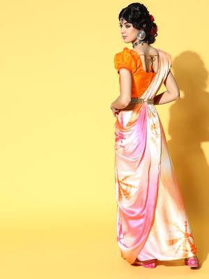 Light Orange Printed Satin Saree With Blouse 2