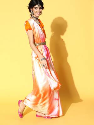 Light Orange Printed Satin Saree With Blouse 3