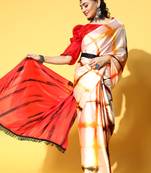 Cream Printed Satin Saree With Blouse