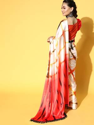 Cream Printed Satin Saree With Blouse 2