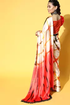 Cream Printed Satin Saree With Blouse