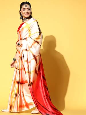 Cream Printed Satin Saree With Blouse 3