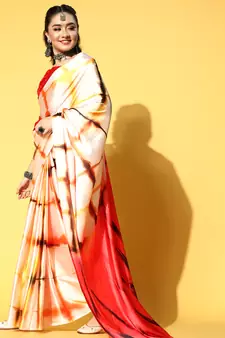 Cream Printed Satin Saree With Blouse