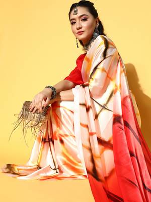 Cream Printed Satin Saree With Blouse 4