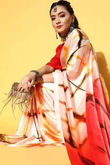 Cream Printed Satin Saree With Blouse