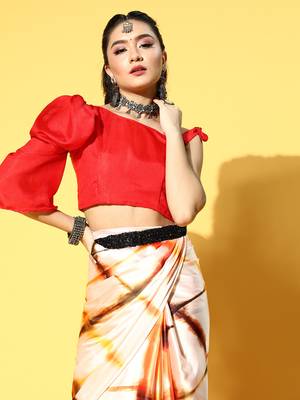 Cream Printed Satin Saree With Blouse 5