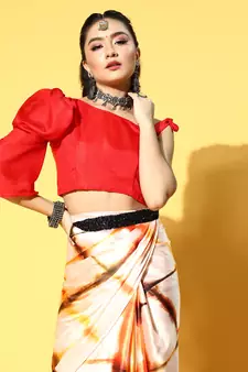 Cream Printed Satin Saree With Blouse