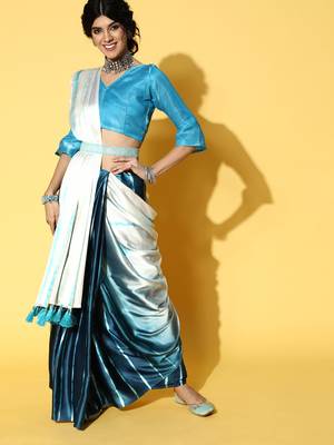 Teal Printed Satin Saree With Blouse 1