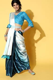 Teal Printed Satin Saree With Blouse