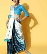 Teal Printed Satin Saree With Blouse