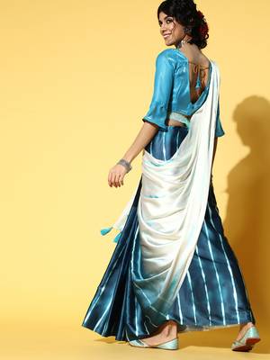 Teal Printed Satin Saree With Blouse 2