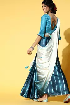 Teal Printed Satin Saree With Blouse